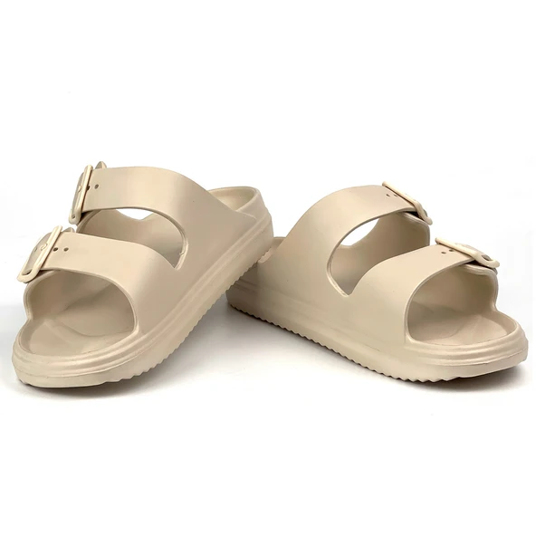 Unisex Bej Çift Tokalı Kaymaz Taban Ayarlanabilir Hafif Günlük Plaj Terlik - Resim 4