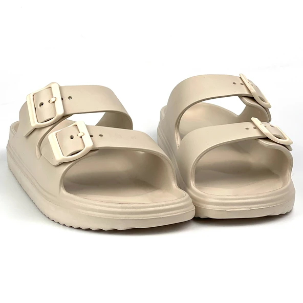 Unisex Bej Çift Tokalı Kaymaz Taban Ayarlanabilir Hafif Günlük Plaj Terlik - Resim 3