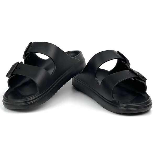 Unisex Siyah Çift Tokalı Kaymaz Taban Ayarlanabilir Hafif Günlük Plaj Terlik - Resim 3