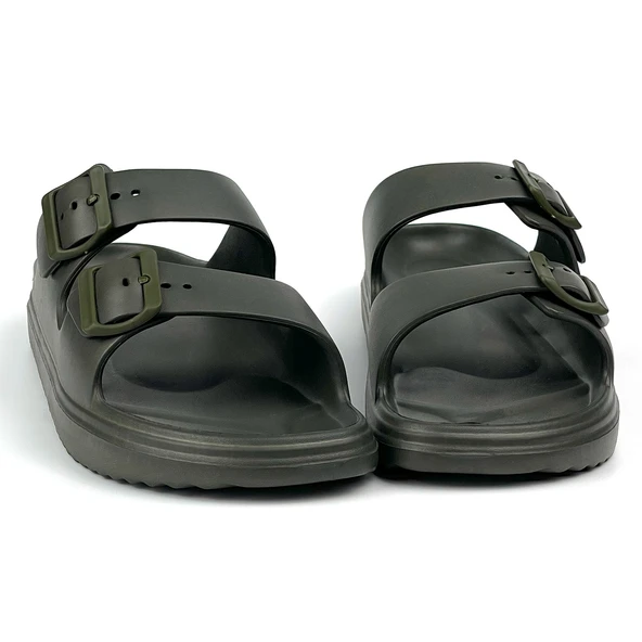 Unisex Haki Çift Tokalı Kaymaz Taban Ayarlanabilir Hafif Günlük Plaj Terlik - Resim 3