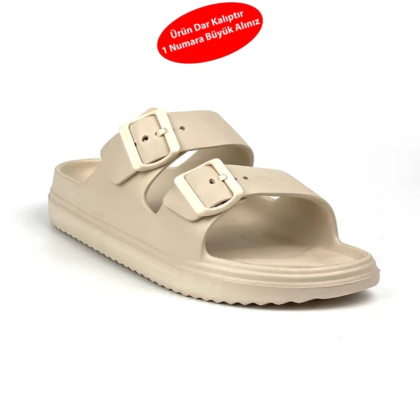 Unisex Bej Çift Tokalı Kaymaz Taban Ayarlanabilir Hafif Günlük Plaj Terlik - Resim 2