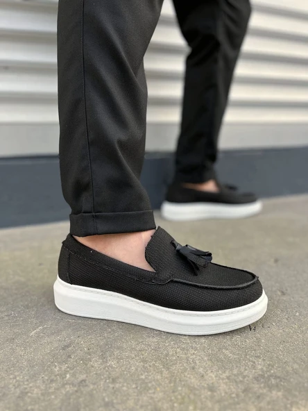 Siyah Beyaz Blaze Bağcıksız Püsküllü Keten Erkek Günlük Spor Klasik Ayakkabı