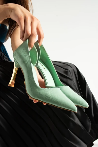 ORPNY Yeşil Rugan Kadın Stiletto Altın 9cm Topuklu Kadın Topuklu Ayakkabı
