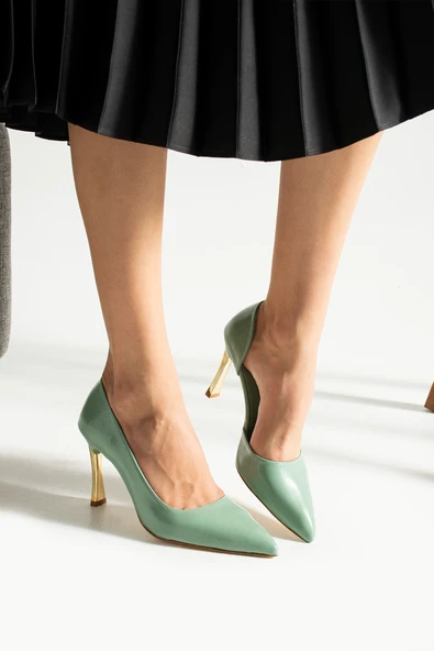ORPNY Yeşil Rugan Kadın Stiletto Altın 9cm Topuklu Kadın Topuklu Ayakkabı - 4