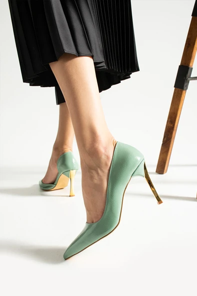 ORPNY Yeşil Rugan Kadın Stiletto Altın 9cm Topuklu Kadın Topuklu Ayakkabı - 2