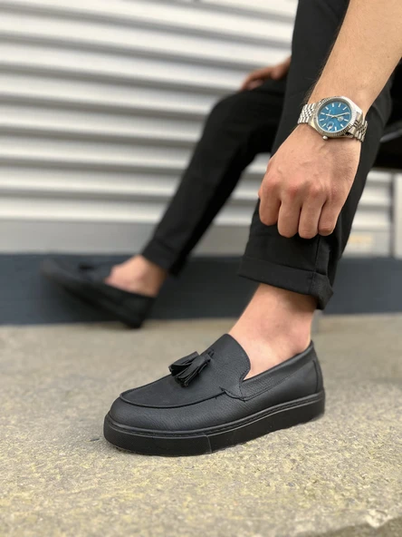 Siyah Bloom Bağcıksız Püsküllü Cilt Erkek Günlük Spor Klasik Ayakkabı - 3