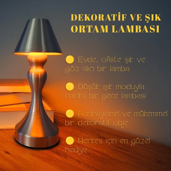 UpWay Sarjlı Ayarlanabilir Işıklı 3 Modlu Retro Silver Metal Dokunmatik Fonksiyonel Masa Lambası - 4