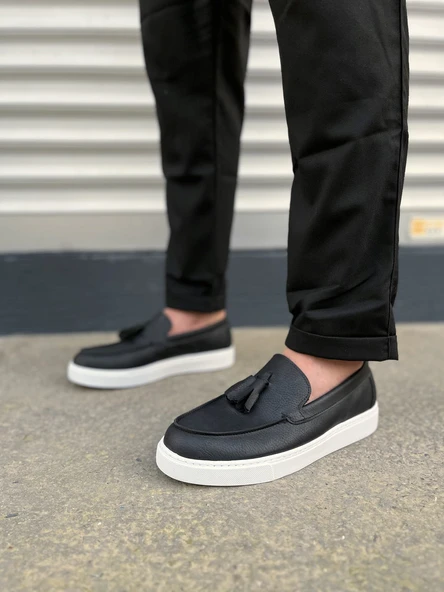 Siyah Beyaz Bloom Bağcıksız Püsküllü Cilt Erkek Günlük Spor Klasik Ayakkabı - 2