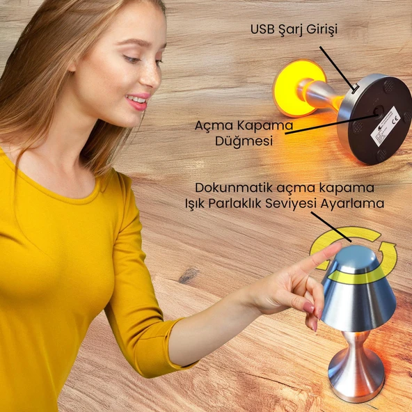 UpWay Sarjlı Ayarlanabilir Işıklı 3 Modlu Retro Silver Metal Dokunmatik Fonksiyonel Masa Lambası - 6