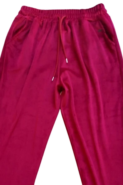Parlak Kadife Cepli Pantolon Eşofman Pijama Altı Büyük Beden Unisex Lastikli Paça Bordo - 2