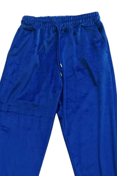 Parlak Kadife Cepli Pantolon Eşofman Pijama Altı Unisex Lastikli Paça Mavi - 2