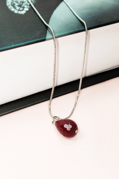 Yakut Doğal Taşı Zincirli El Yapımı Kolye Uç: 1,5 cm Zincir: 20 cm Kutulu - 7