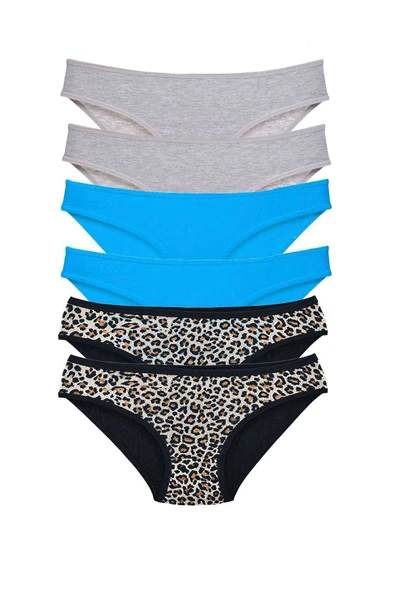 6 Adet Likralı Kadın Slip Külot Leopar Gri Mavi ürün görseli