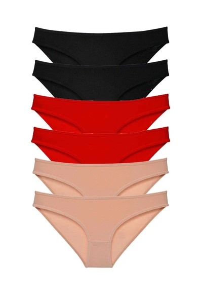 6 adet Süper Eko Set Likralı Kadın Slip Külot Siyah Kırmızı Ten ürün görseli