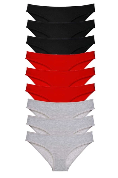 9 adet Süper Eko Set Likralı Kadın Slip Külot Siyah Kırmızı Gri ürün görseli 1