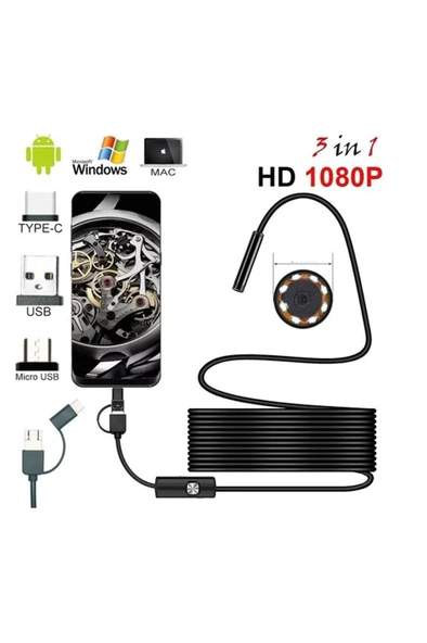 Endoskop 3 İn 1 Yılan Kamera Usb Micro Usb Type-c 20 Metre Sert Kablo