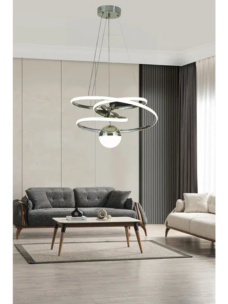 Eylül XL Boy Tek Toplu Krom Sarkıt Led Avize 3 Renk Işık Kumandasız