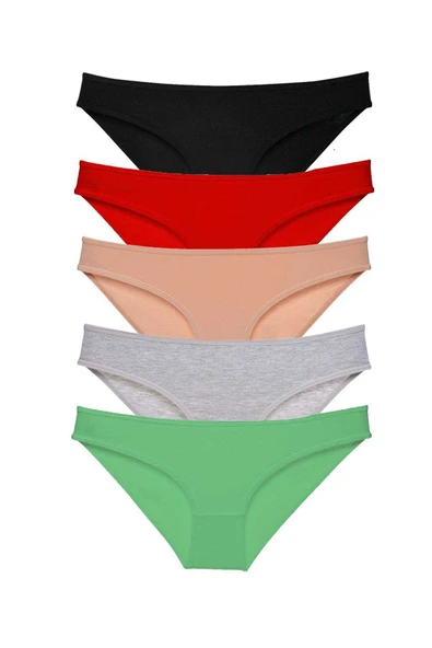 5 adet Süper Eko Set Likralı Kadın Slip Külot Siyah Kırmızı Ten Gri Yeşil - 1