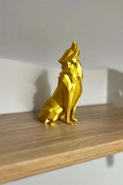 Geometrik Uluyan Kurt Heykeli - Altın Rengi Fasetli Tasarım - 15x10 cm Modern Ev Ofis Dekoru - 2