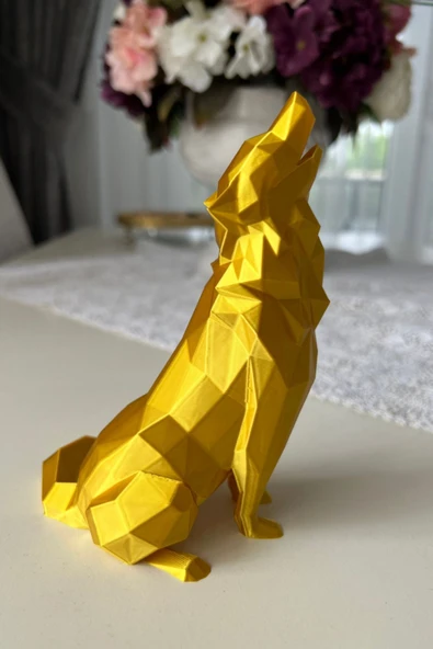 Geometrik Uluyan Kurt Heykeli - Altın Rengi Fasetli Tasarım - 15x10 cm Modern Ev Ofis Dekoru - 5