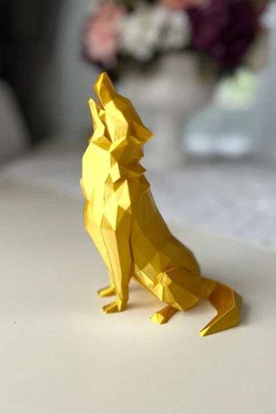 Geometrik Uluyan Kurt Heykeli - Altın Rengi Fasetli Tasarım - 15x10 cm Modern Ev Ofis Dekoru - 4