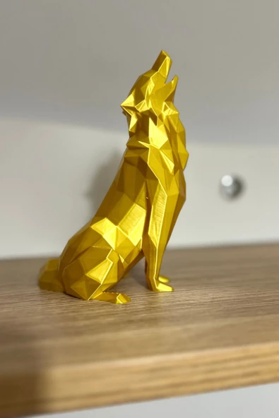 Geometrik Uluyan Kurt Heykeli - Altın Rengi Fasetli Tasarım - 15x10 cm Modern Ev Ofis Dekoru