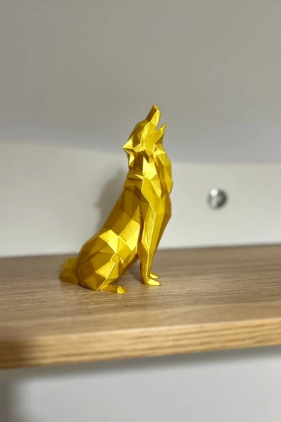 Geometrik Uluyan Kurt Heykeli - Altın Rengi Fasetli Tasarım - 15x10 cm Modern Ev Ofis Dekoru - 3