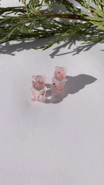 Şeffaf Epoksi Pembe Glitter Süslemeli Gümüş Aksesuarlı Ayıcık Şekil Küpe El Yapımı Hediyelik - Resim 5