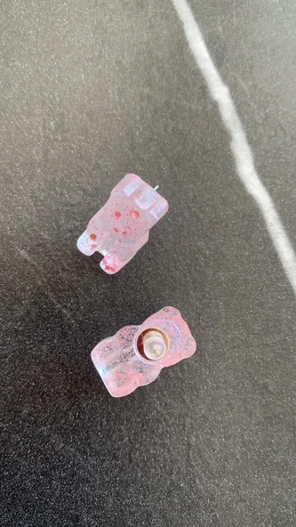 Şeffaf Epoksi Pembe Glitter Süslemeli Gümüş Aksesuarlı Ayıcık Şekil Küpe El Yapımı Hediyelik - Resim 2