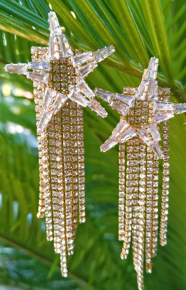 Sarı Renk Zirkon Taşlı Lüks Abiye Küpe ürün görseli 1