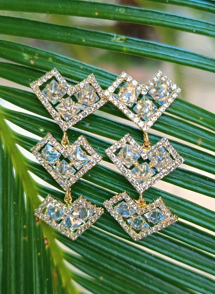 Sarı Renk Zirkon Taşlı Lüks Abiye Küpe ürün görseli 1