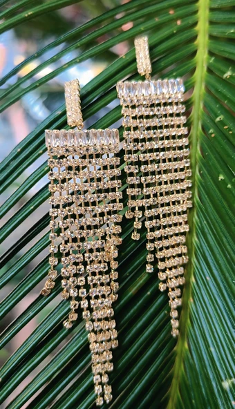 Sarı Renk Zirkon Taşlı Lüks Abiye Küpe ürün görseli 1