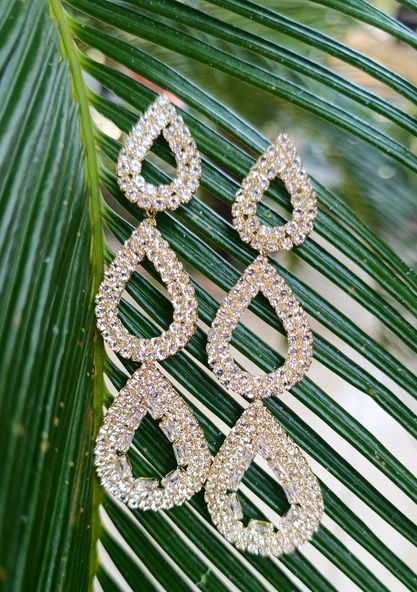 Sarı Renk Zirkon Taşlı Lüks Abiye Küpe ürün görseli 1