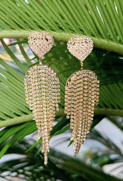 Sarı Renk Zirkon Taşlı Lüks Abiye Küpe ürün görseli 1