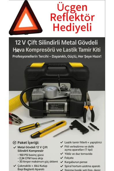Araç Komprosörü Çift Pistonlu Profesyonel Hava Kompresörü Metal Kutulu 15 barça