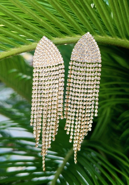 Sarı Renk Zirkon Taşlı Lüks Abiye Küpe