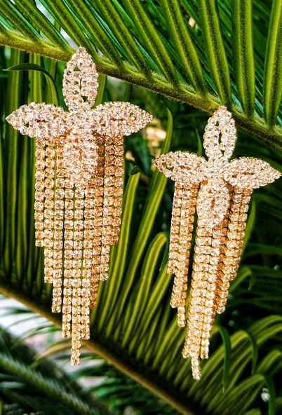 Sarı Renk Zirkon Taşlı Lüks Abiye Küpe ürün görseli 1