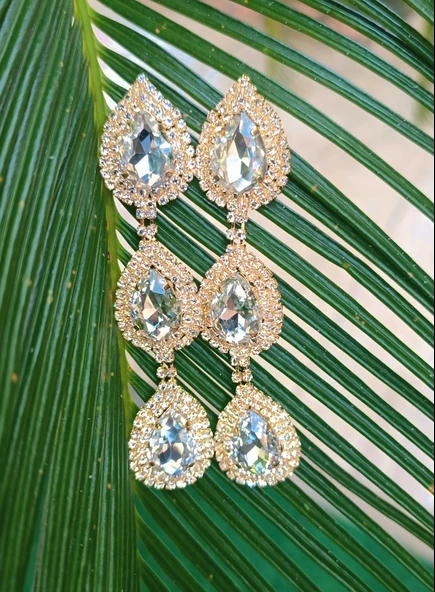 Sarı Renk Zirkon Taşlı Lüks Abiye Küpe