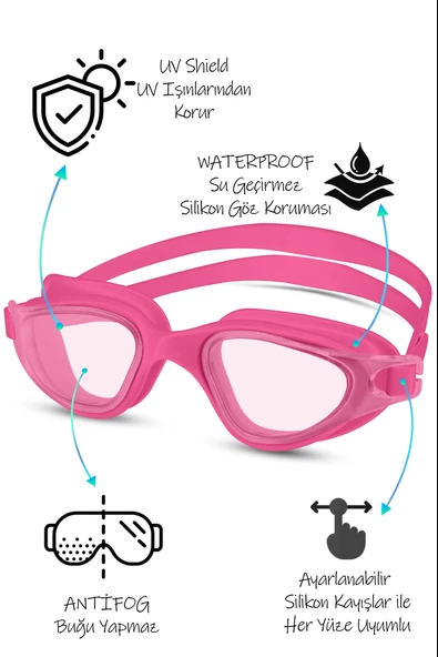 Swimmer PRO Buğu Yapmaz Antifog Yüzücü Gözlüğü Bone SET UV Korumalı Yüzme Havuz Deniz Gözlük Pembe - 3