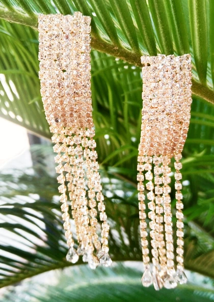 Sarı Renk Zirkon Taşlı Lüks Abiye Küpe ürün görseli 1