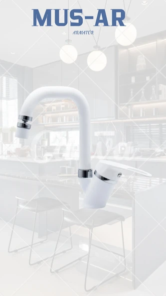 Başlıklı Baston Borulu Beyaz-Krom Lavabo Bataryasi