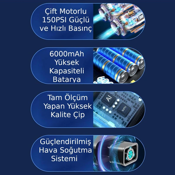 Valkyrie 150PSI 6000mAh Şarjlı Araba Top Bisiklet Hava Pompası LED Akıllı Powerbank - 4
