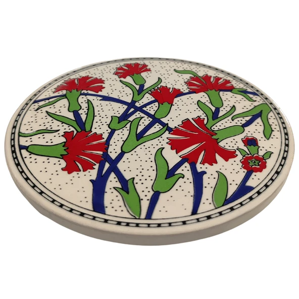Çini Desenli Çiçekler Seramik Yuvarlak Nihale 16 Cm Koruyucu Kaydırmaz Altlik Model 3 - 6