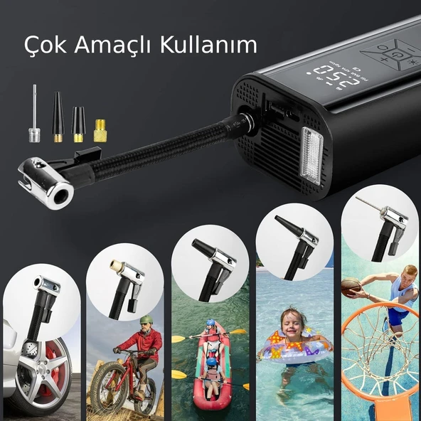 Valkyrie 100W 6000mAh Şarjlı Araba Lastik Hava Pompası LED Işıklı Çok Amaçlı Bisiklet Yatak Top Pompası - 3