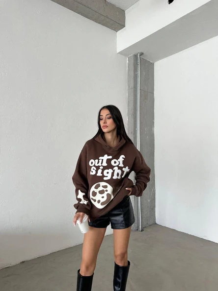 3 iplik şardonlu oversize compact out of baskılı sweat kahve