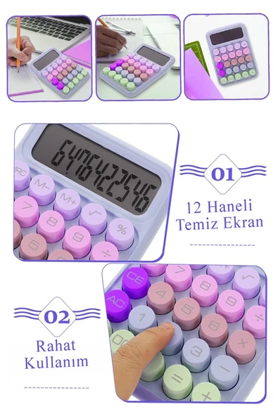 Hesap Makinesi Orta Boy Masaüstü 1 Adet 12 Haneli Yuvarlak Tuşlu Renkli Hesap Makinası 10x15 cm Renkli Büro Ofis Öğrenci - 2