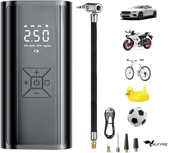 Valkyrie 100W 6000mAh Şarjlı Araba Lastik Hava Pompası LED Işıklı Çok Amaçlı Bisiklet Yatak Top Pompası