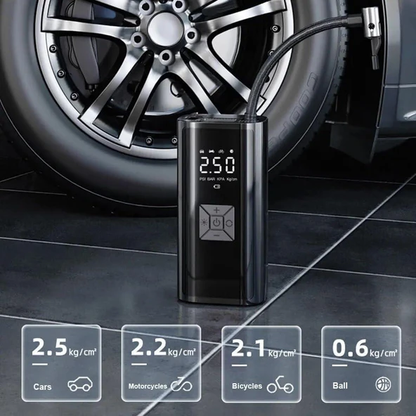 Valkyrie 100W 6000mAh Şarjlı Araba Lastik Hava Pompası LED Işıklı Çok Amaçlı Bisiklet Yatak Top Pompası - 4