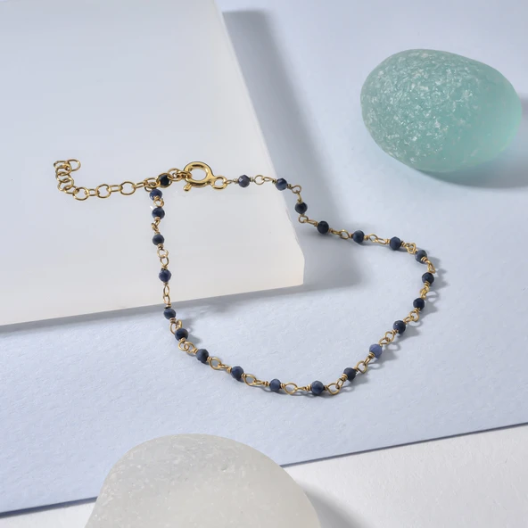 14 Ayar Altın Kaplama  Safir  Doğal Taşlı  El Yapımı Gümüş Bileklik - CBS00129 - Resim 3