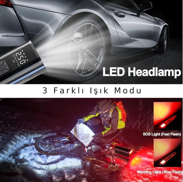 Valkyrie 100W 6000mAh Şarjlı Araba Lastik Hava Pompası LED Işıklı Çok Amaçlı Bisiklet Yatak Top Pompası - 7